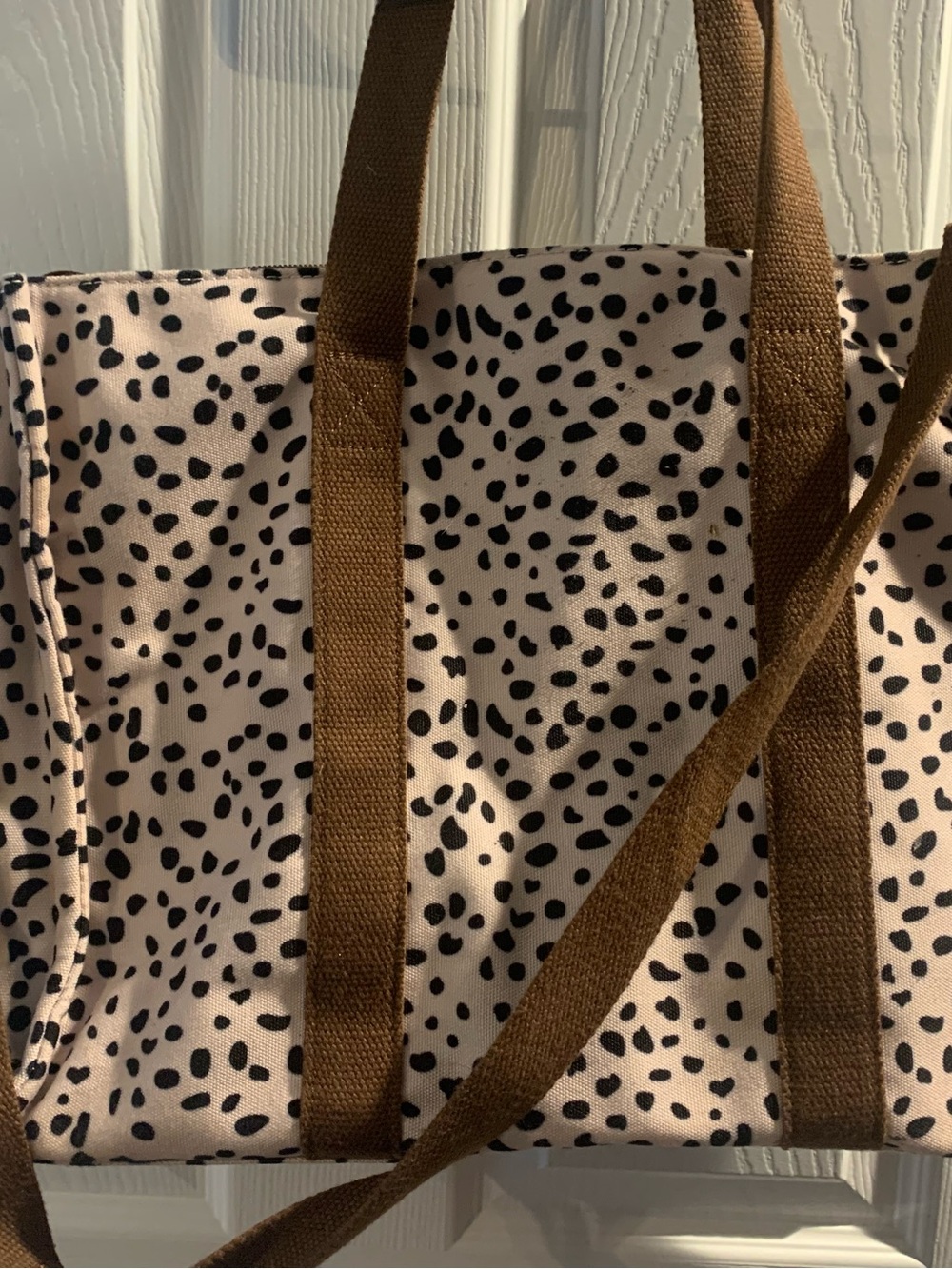 Stylish Pink and Black Spotted Tote Bag with Brown Straps
